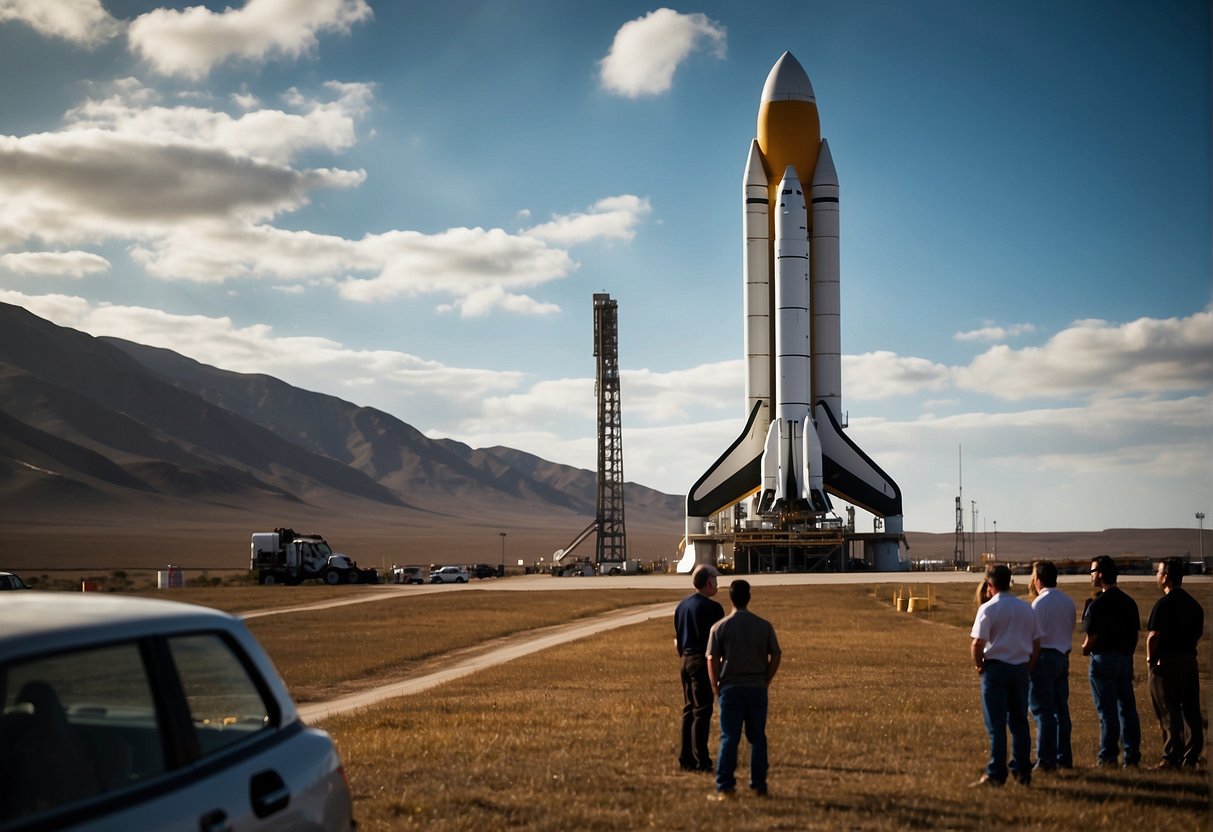 A sleek rocket sits on a launch pad, surrounded by a team of engineers and technicians making final preparations for space travel. The vast expanse of the cosmos looms in the background, creating a breathtaking billion-dollar view