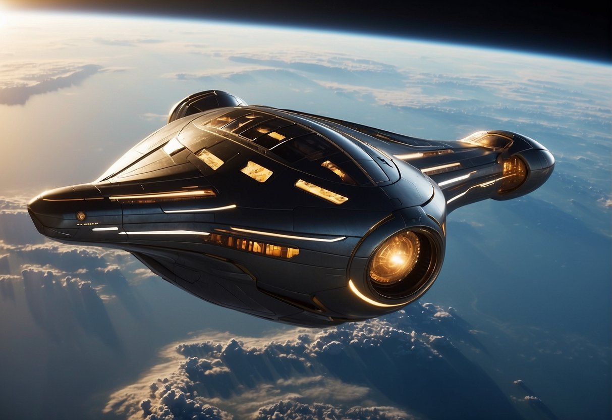 A sleek, futuristic spaceship hovers above Earth, with the curvature of the planet visible below. The sun reflects off the spacecraft's metallic surface, showcasing the cutting-edge technology of space tourism