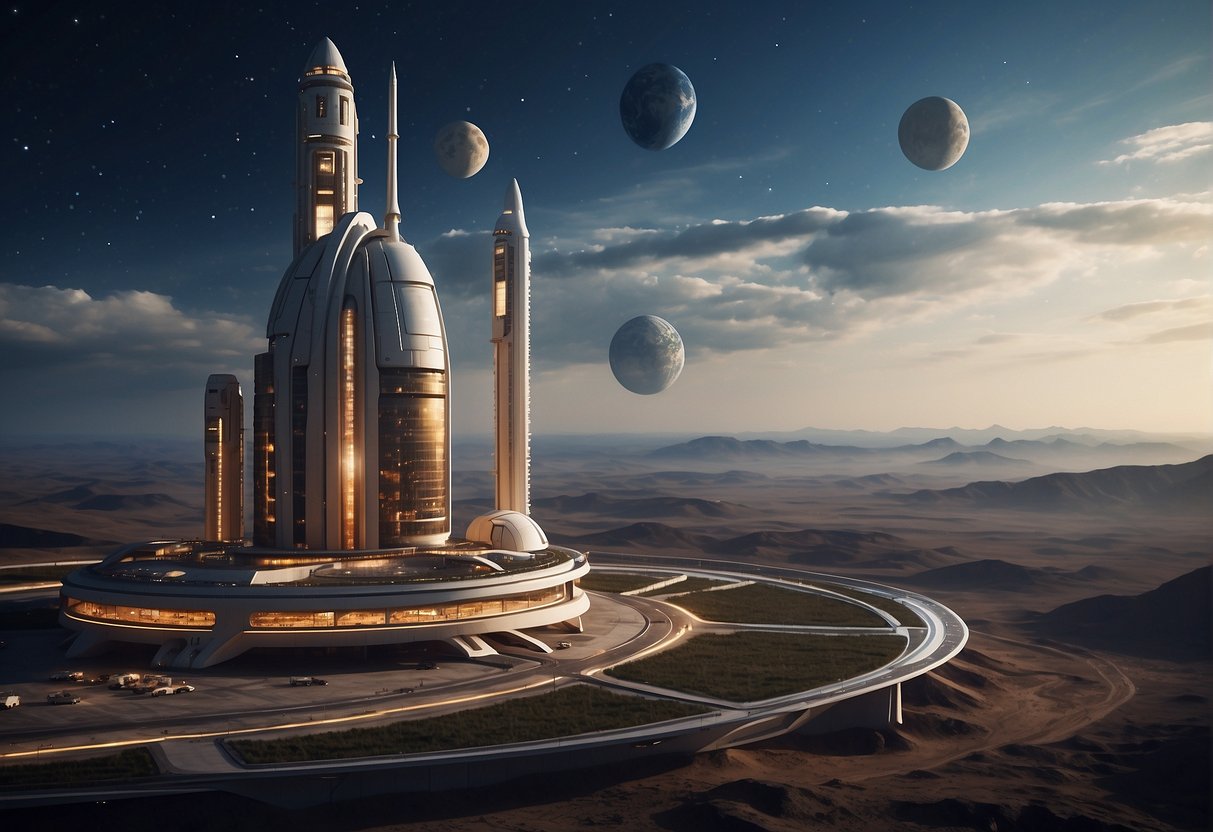 A futuristic spaceport with sleek, towering launch pads and spacecraft ready for takeoff, set against a backdrop of Earth and stars
