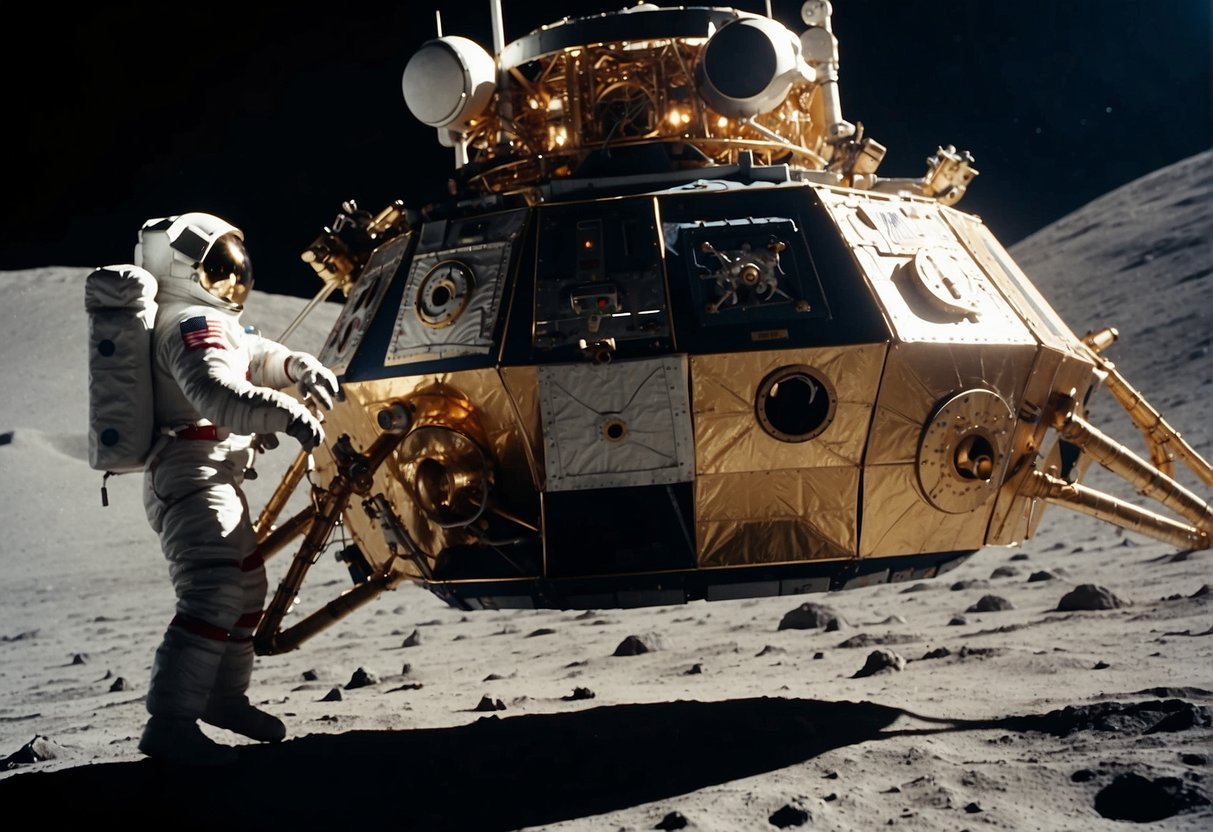 The Artemis Program A lunar module lands on the moon's surface, with a team of astronauts unloading equipment to establish a base. The Earth looms in the background, as the mission to return humans to the moon begins