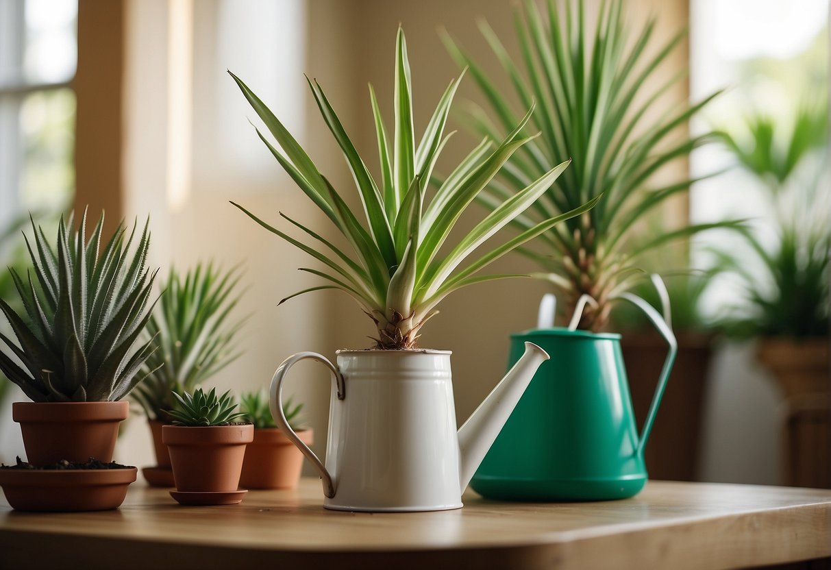 A watering can pours water onto a vibrant green yucca plant, while a bag of plant food sits nearby. The plant is thriving in a bright, sunny room
