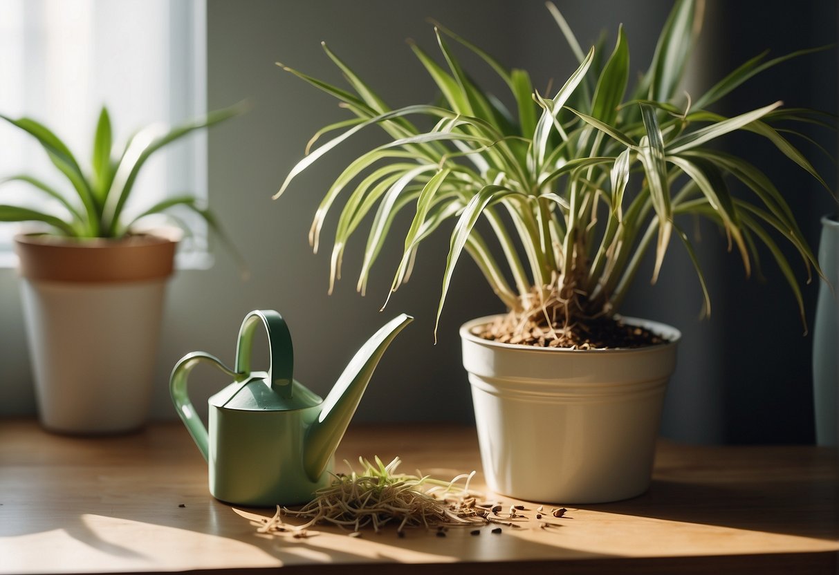 A pair of hands trims dead leaves from a tall, healthy yucca plant in a bright, sunny room. A watering can sits nearby, ready to nourish the plant