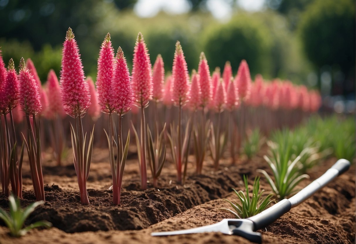 Red yucca plants arranged in rows, with gardening tools nearby. One plant is being carefully divided with a sharp tool