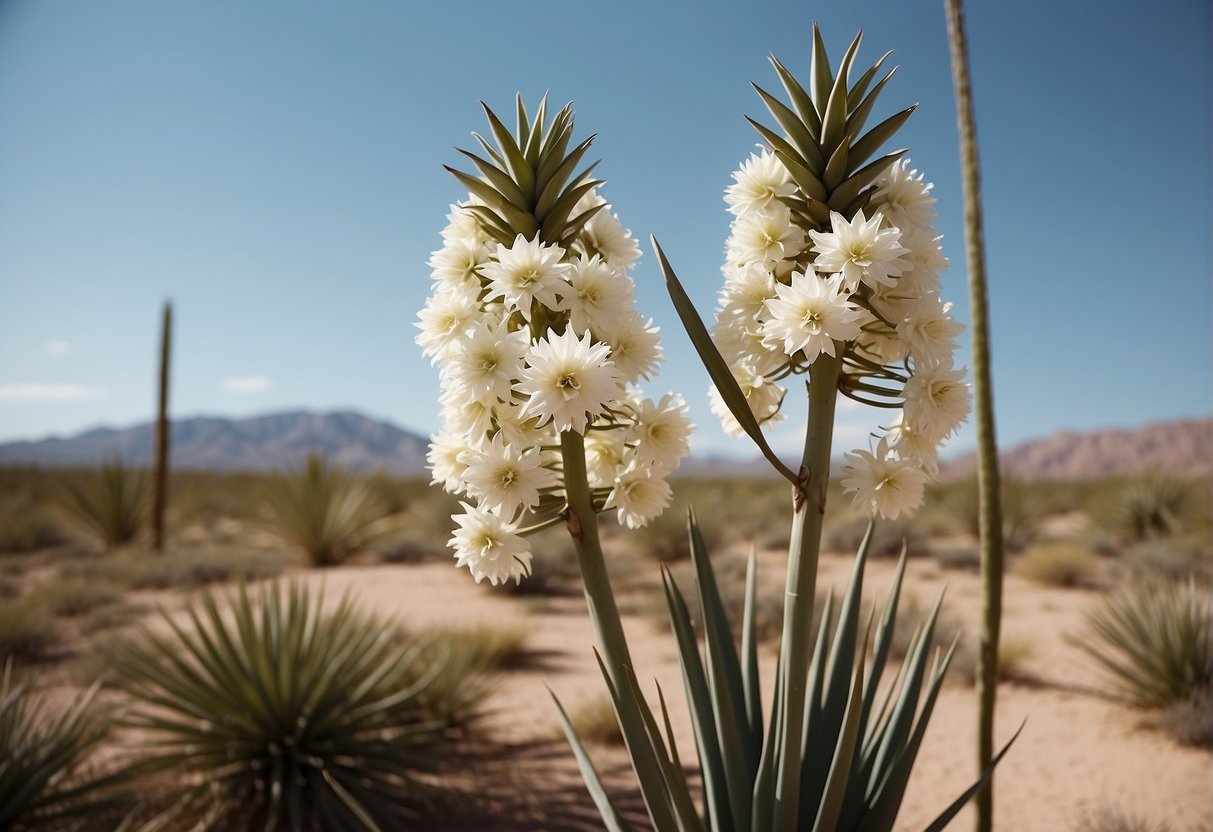 A yucca plant blooms with tall, white flowers in a desert landscape