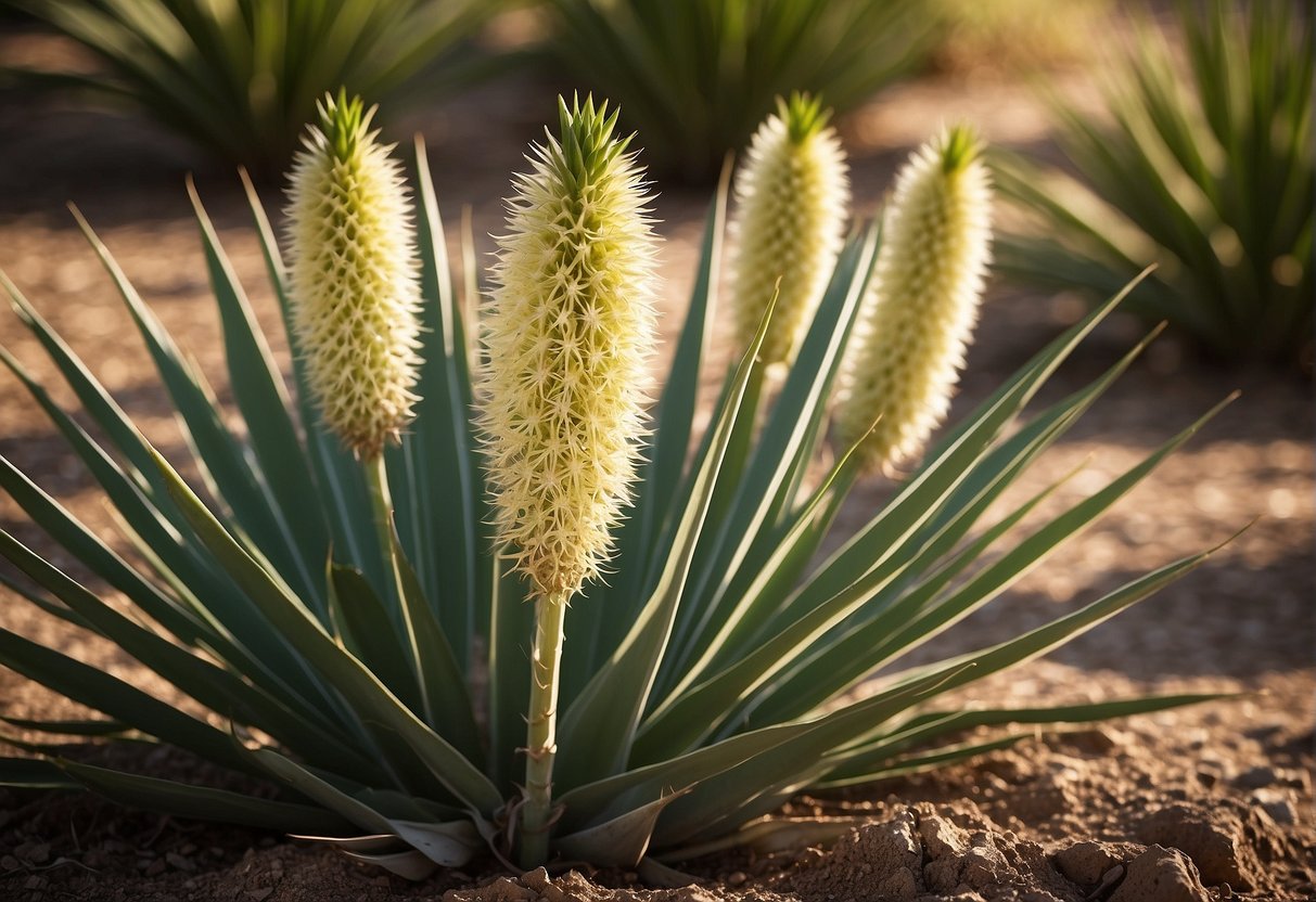 Yucca plants bloom in a sunny garden with well-drained soil and minimal watering. The tall, spiky flower stalks emerge from the center of the plant, surrounded by long, sword-shaped leaves