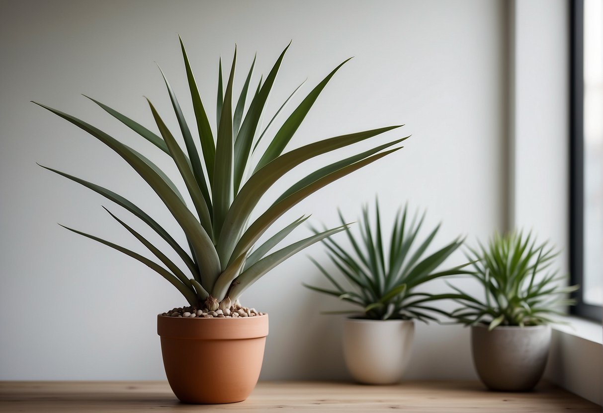 A tall yucca plant stands in a simple pot, with long, sword-shaped leaves extending upwards from the base. The plant is positioned indoors, with a clean and minimalistic background