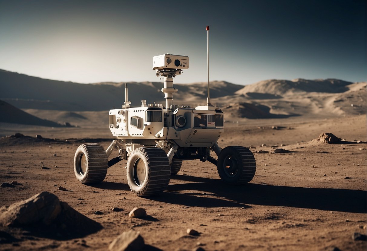 A rover collects lunar regolith, while a team of scientists observes. A lunar base is visible in the background, showcasing the challenges and opportunities of building on the moon
