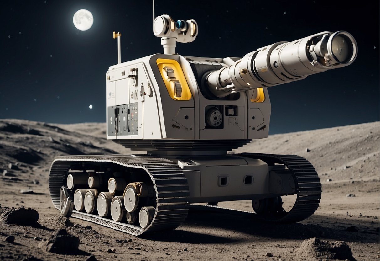 Robotic arms maneuver lunar regolith into place, constructing a futuristic base on the moon. The challenges and opportunities of lunar construction come to life in this scene
