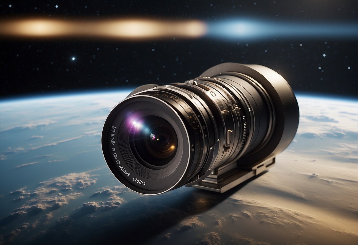 A sleek, modern space camera floats in the void, pointed towards a distant galaxy. Its lens is focused, capturing the intricate details of celestial bodies in unprecedented clarity