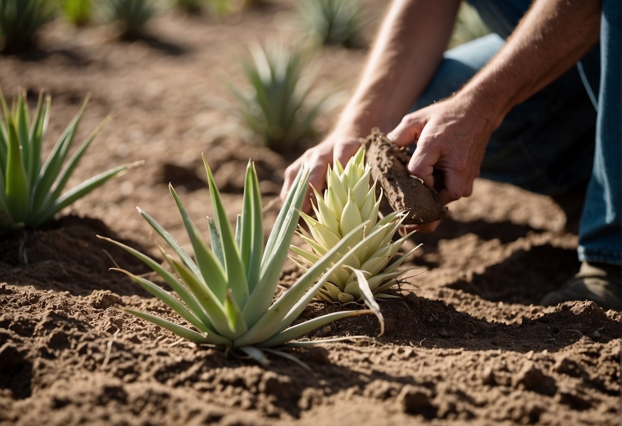 Yucca plants being carefully removed from soil, roots untangled, and placed into fresh, well-draining soil in a new location