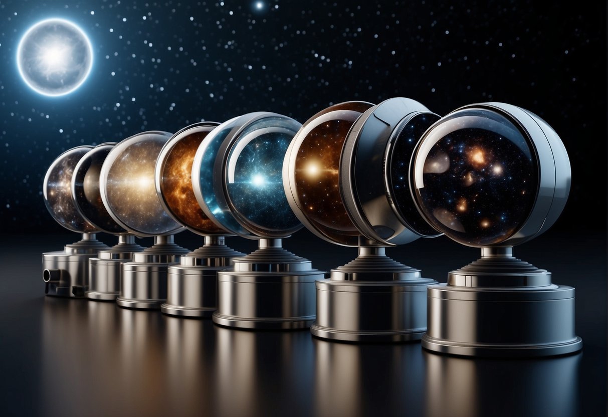 A lineup of space telescopes in orbit, each with unique designs and sizes. They capture stunning images of distant galaxies and celestial objects in unprecedented detail