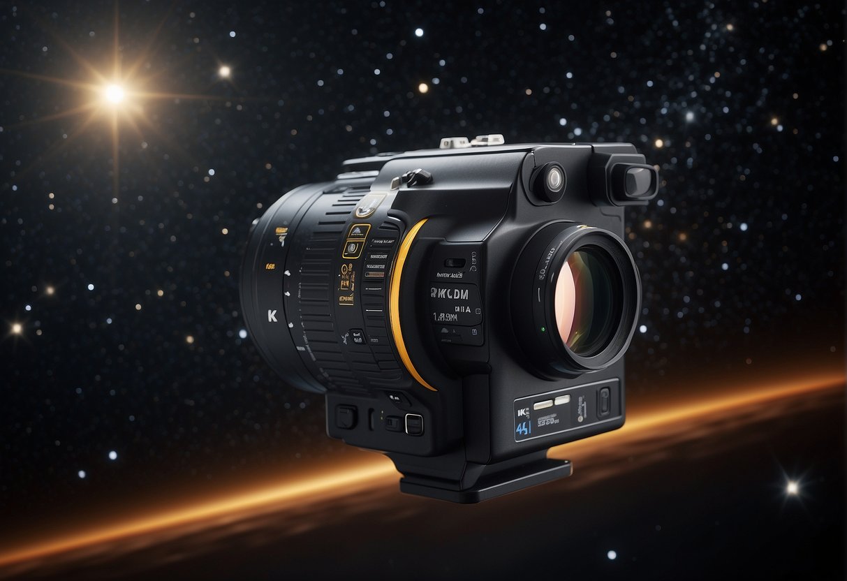 A space camera hovers in the darkness, capturing the cosmos in vivid detail with advanced technology. Stars and galaxies twinkle and swirl in the infinite expanse of space