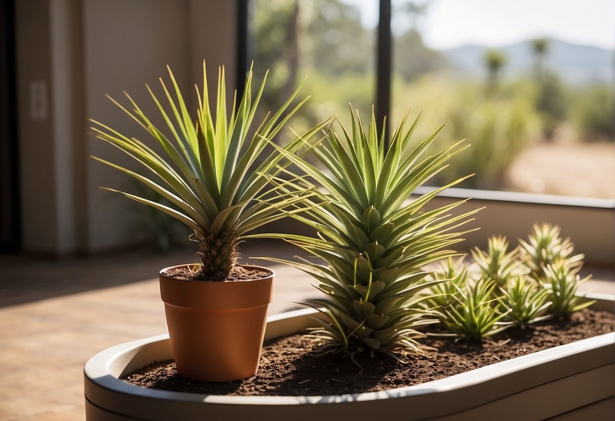 A bright room with indirect sunlight, well-draining soil, and occasional watering. Yucca plants thrive in a warm, dry environment with minimal humidity