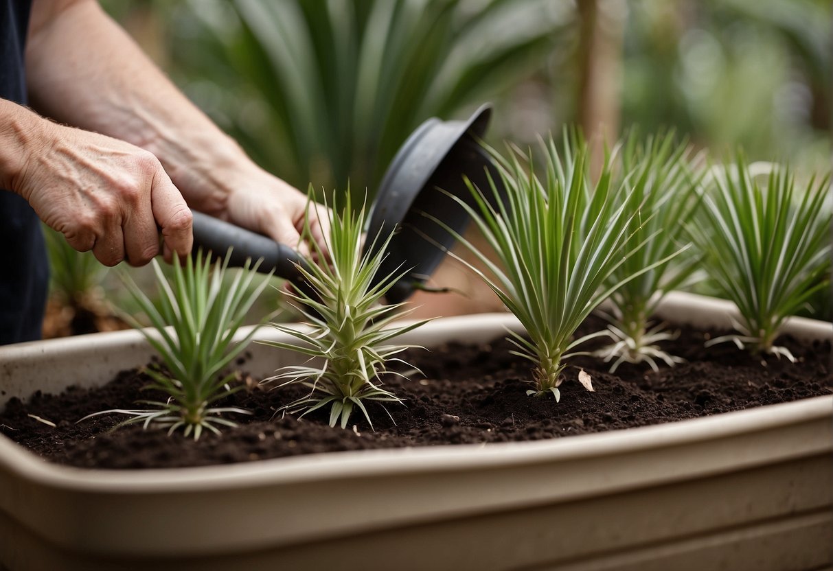 A pair of hands repotting a yucca plant into a larger container, adding fresh soil and gently patting it down. A watering can nearby