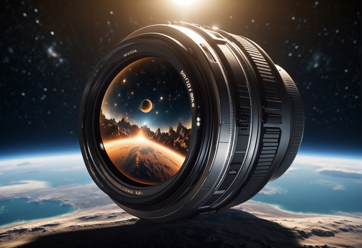 A futuristic space camera hovers above a planet, capturing stunningly detailed images of the universe. Advanced technology and sleek design convey the evolution of space imaging and research