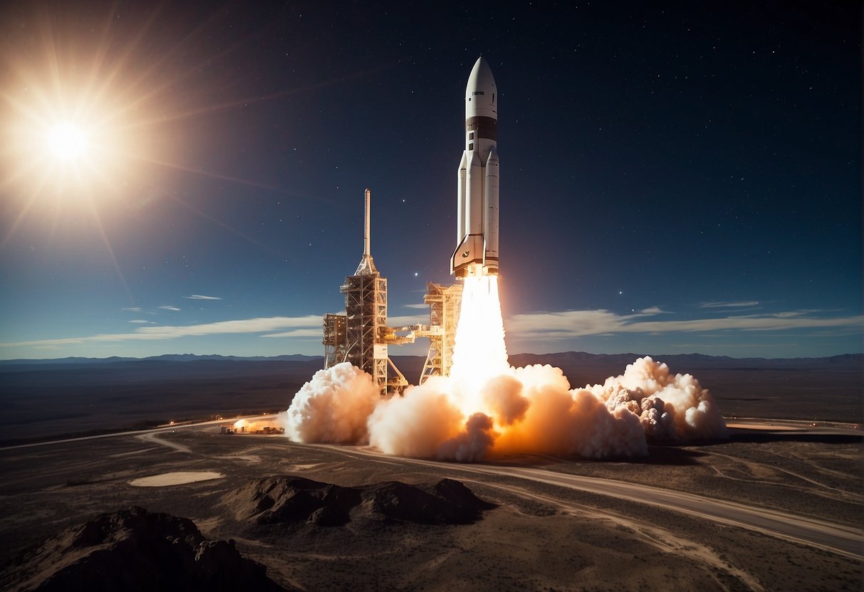 Space Tourism's Impact on the Economy: A rocket launches into space, with Earth in the background, showcasing the growing industry of space tourism and its impact on the economy