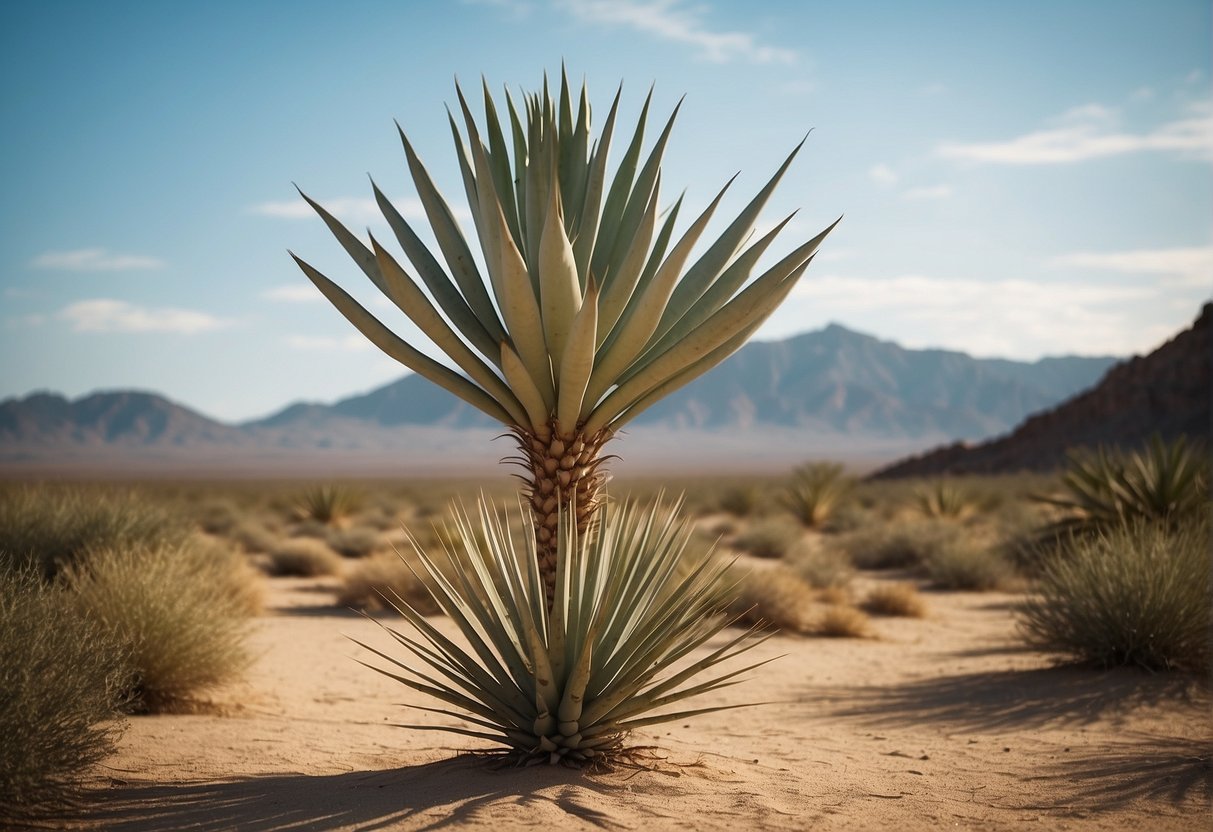 A tall yucca plant stands against a bright desert backdrop, its long, sword-like leaves reaching upwards towards the sky