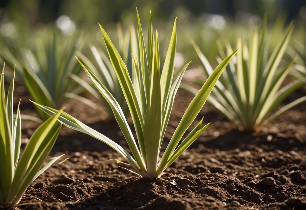 A yucca plant thrives in well-draining soil and bright, indirect sunlight. It can grow up to 30 feet tall with long, sword-shaped leaves. Regular watering and occasional fertilization promote healthy growth