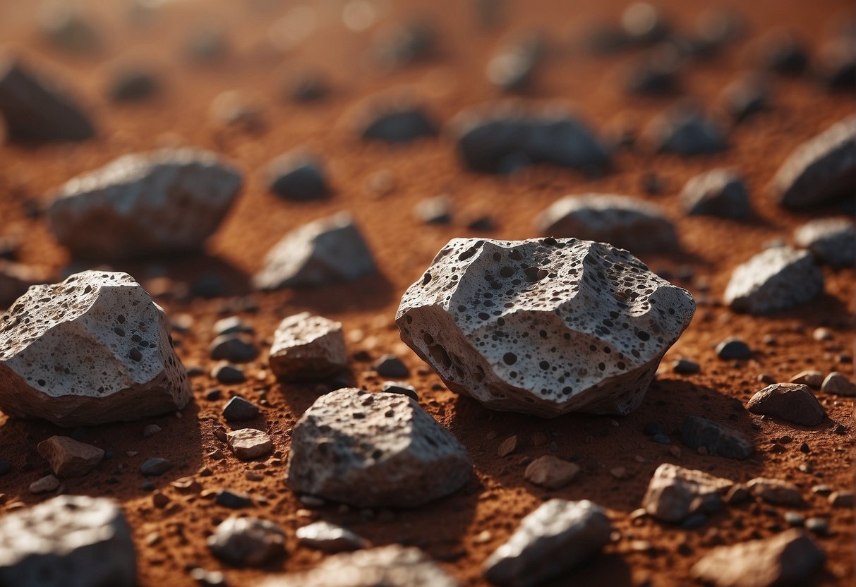 A rocky landscape with scattered Martian meteorites, some cracked open to reveal their interior. Reddish hues and unique surface textures hint at their origin on the Red Planet
