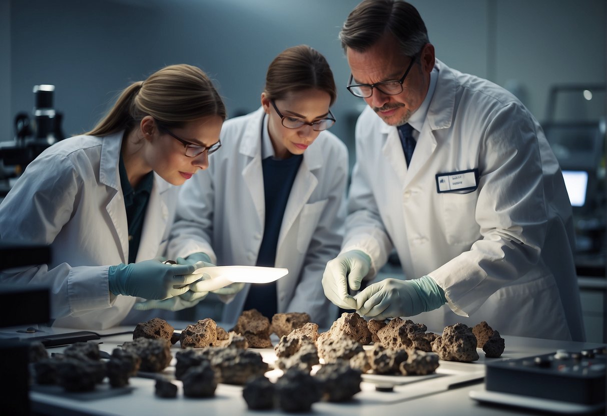 Scientists examine Martian meteorites in a lab, using advanced instruments to analyze their composition and structure. Data is collected to better understand the geological history of Mars