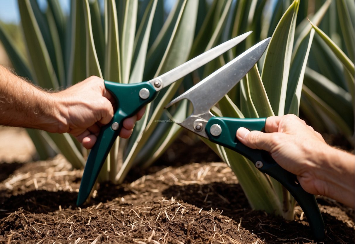 A pair of gardening shears cuts through the thick, sword-shaped leaves of a yucca plant. The pruned leaves are carefully removed, and the plant is given a fresh layer of mulch for post-pruning care and maintenance