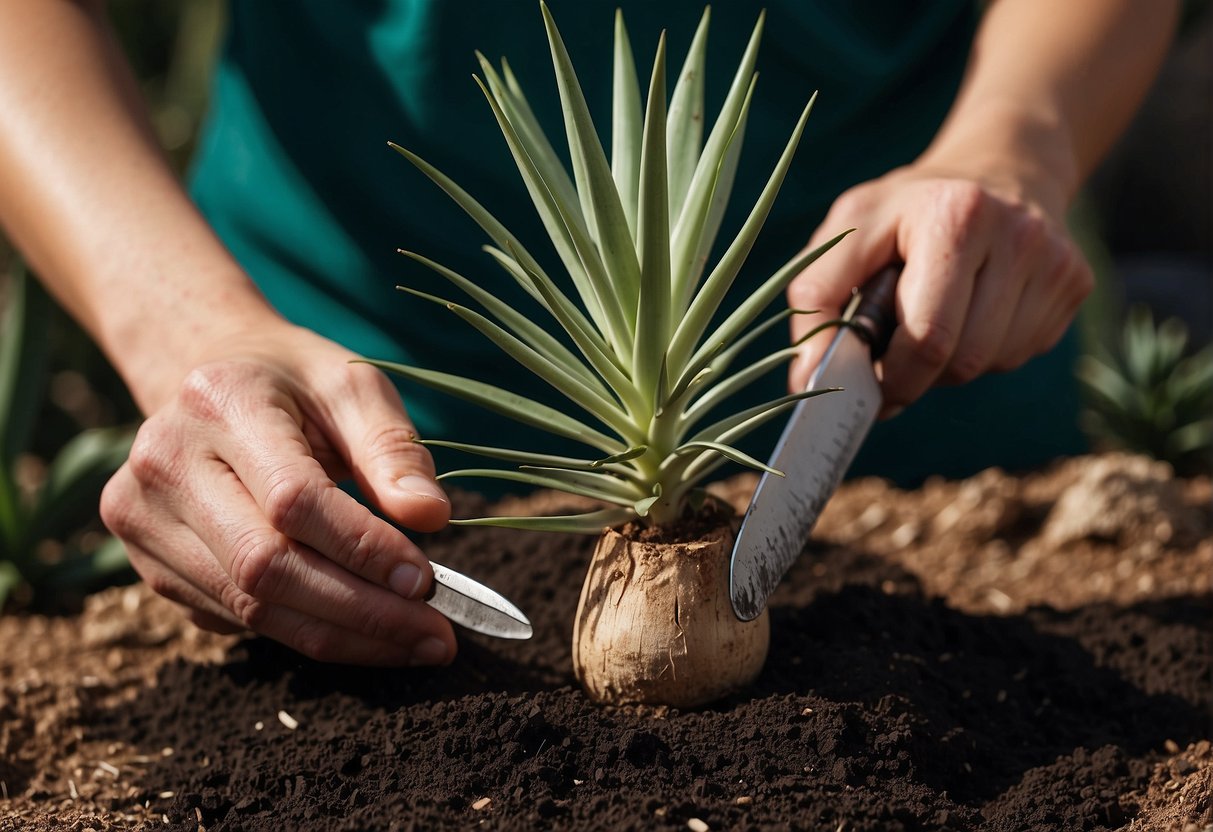 Yucca plant being divided with sharp knife. Multiple sections created for propagation. Soil and pots ready for new plants