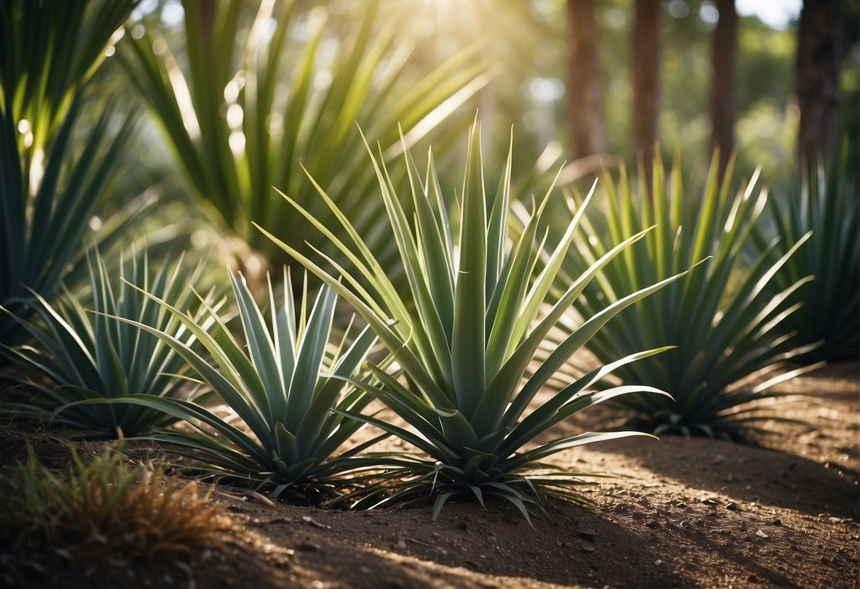 A variety of yucca plants in different sizes and shapes, some with long, sword-like leaves and others with shorter, clustered leaves, all thriving in a well-lit, well-drained environment