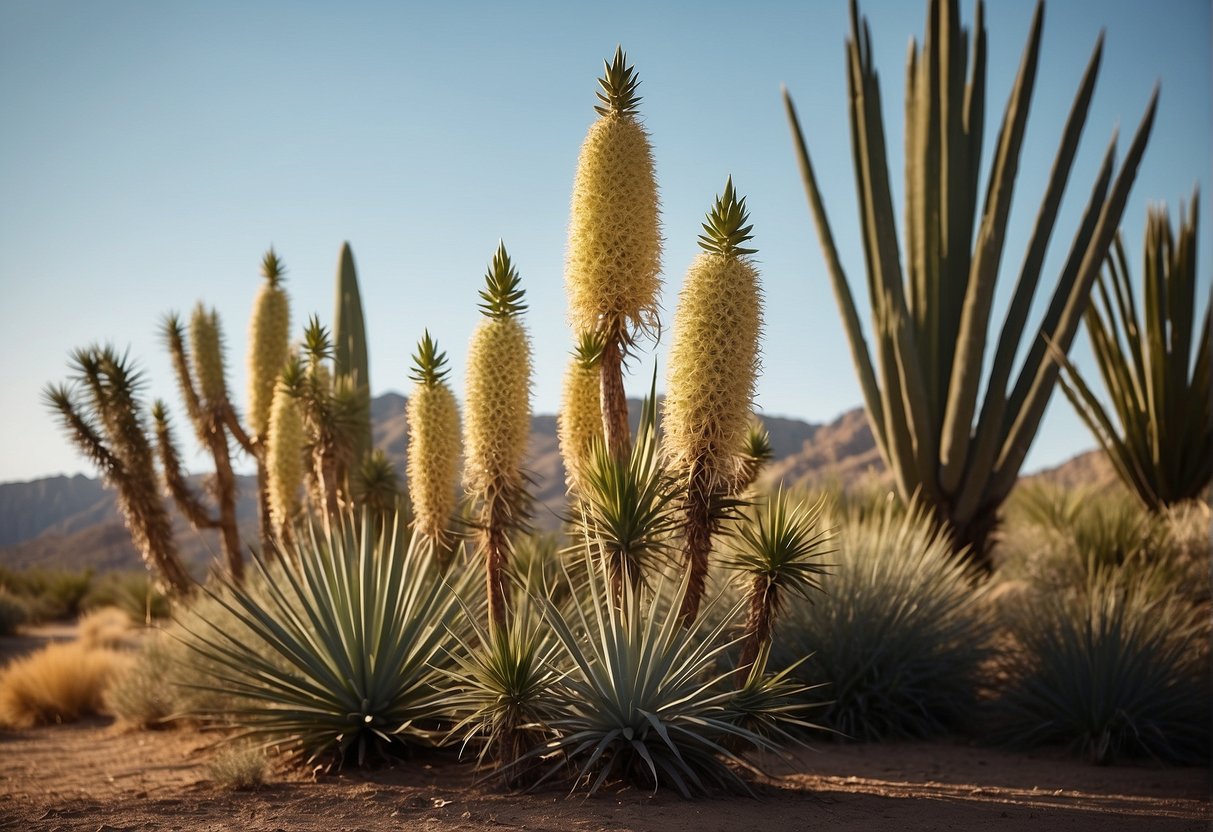 Several yucca plants of varying sizes and shapes are arranged in a landscaped area, with some in bloom and others with their long, sword-like leaves reaching towards the sky