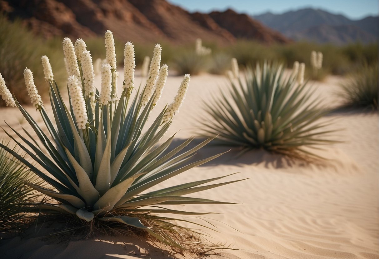 A desert landscape with sandy soil, rocky terrain, and sparse vegetation. Yucca plants stand tall with long, sword-shaped leaves and creamy white flowers