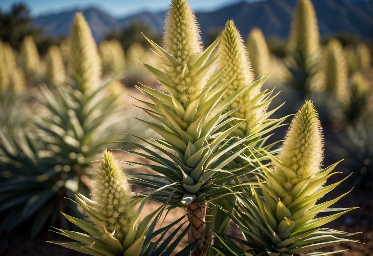 Yucca plants, native to the hot and arid regions of North and Central America, feature long, sword-shaped leaves and tall, spiky flower clusters