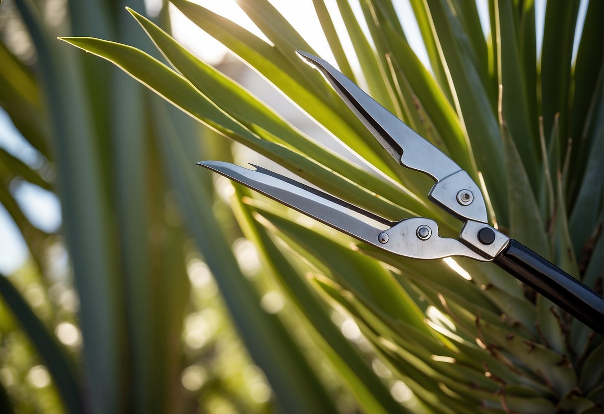 A pair of pruning shears cutting back the long, sword-shaped leaves of a yucca plant against a backdrop of a sunny garden
