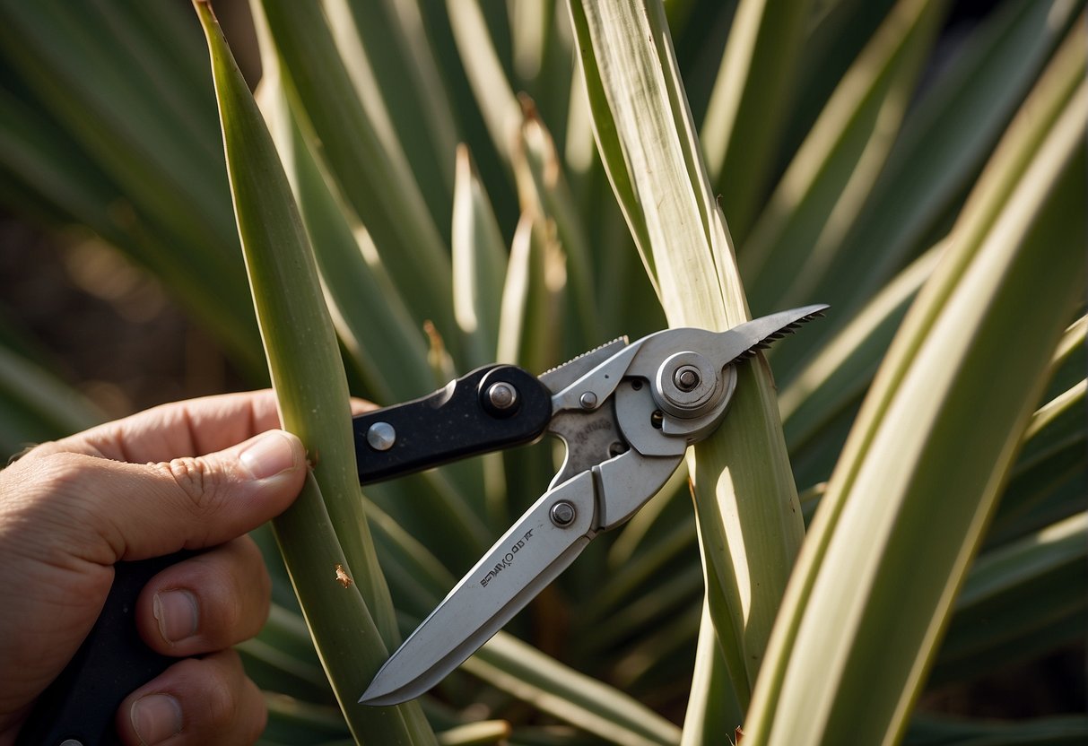 A pair of pruning shears cuts through a tall yucca plant. The gardener carefully trims away dead leaves and adjusts the shape of the plant
