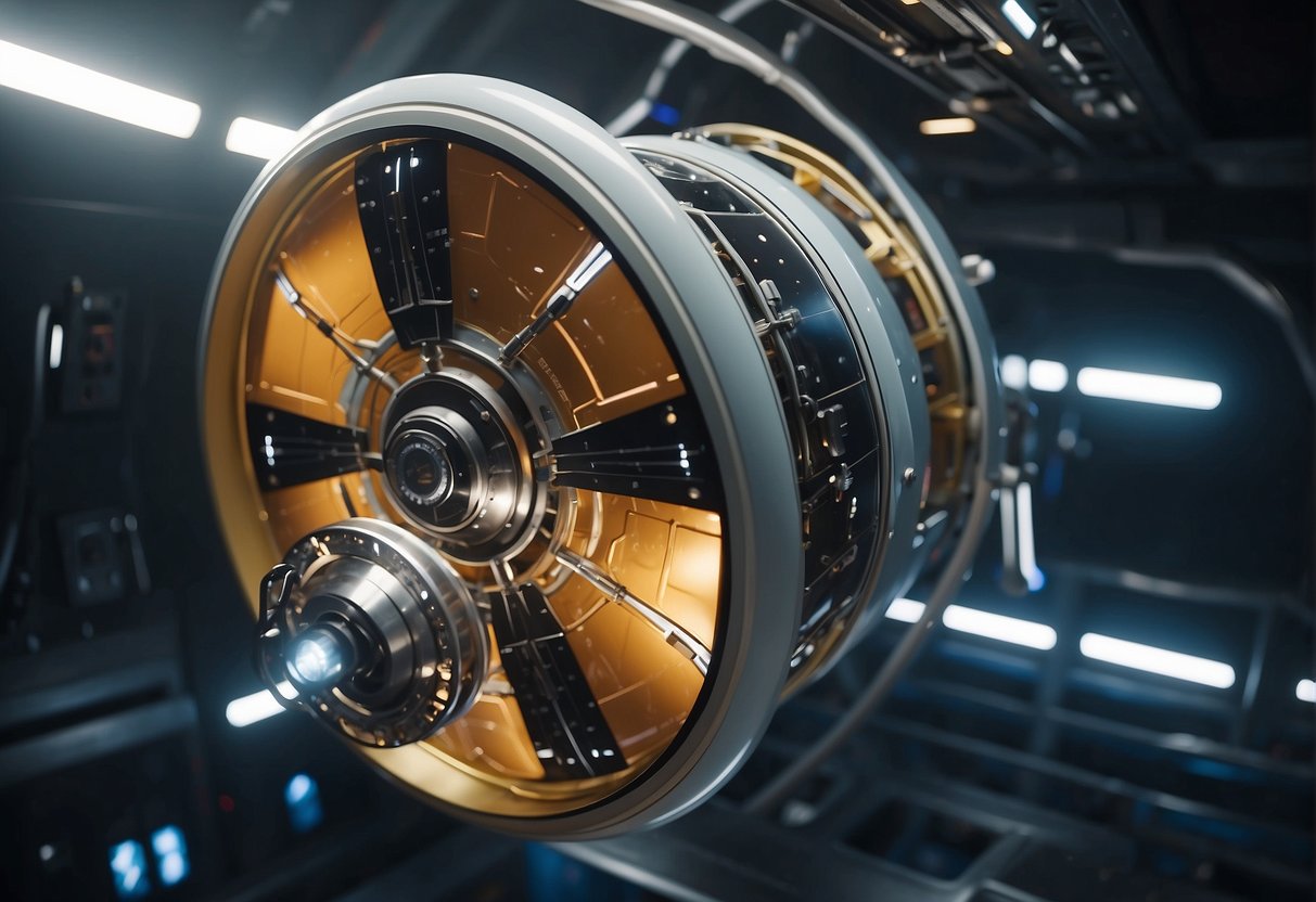 A spinning spacecraft generates artificial gravity. Objects inside float as the spacecraft rotates. The crew works and exercises in the rotating module