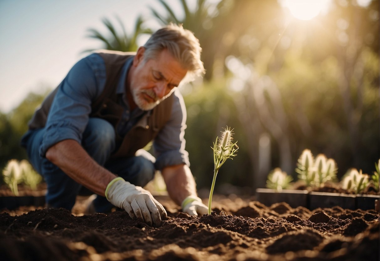 A gardener plants yucca seeds in fertile soil, using a trowel to create small holes. The sun shines down, providing warmth and light for the seeds to germinate and grow