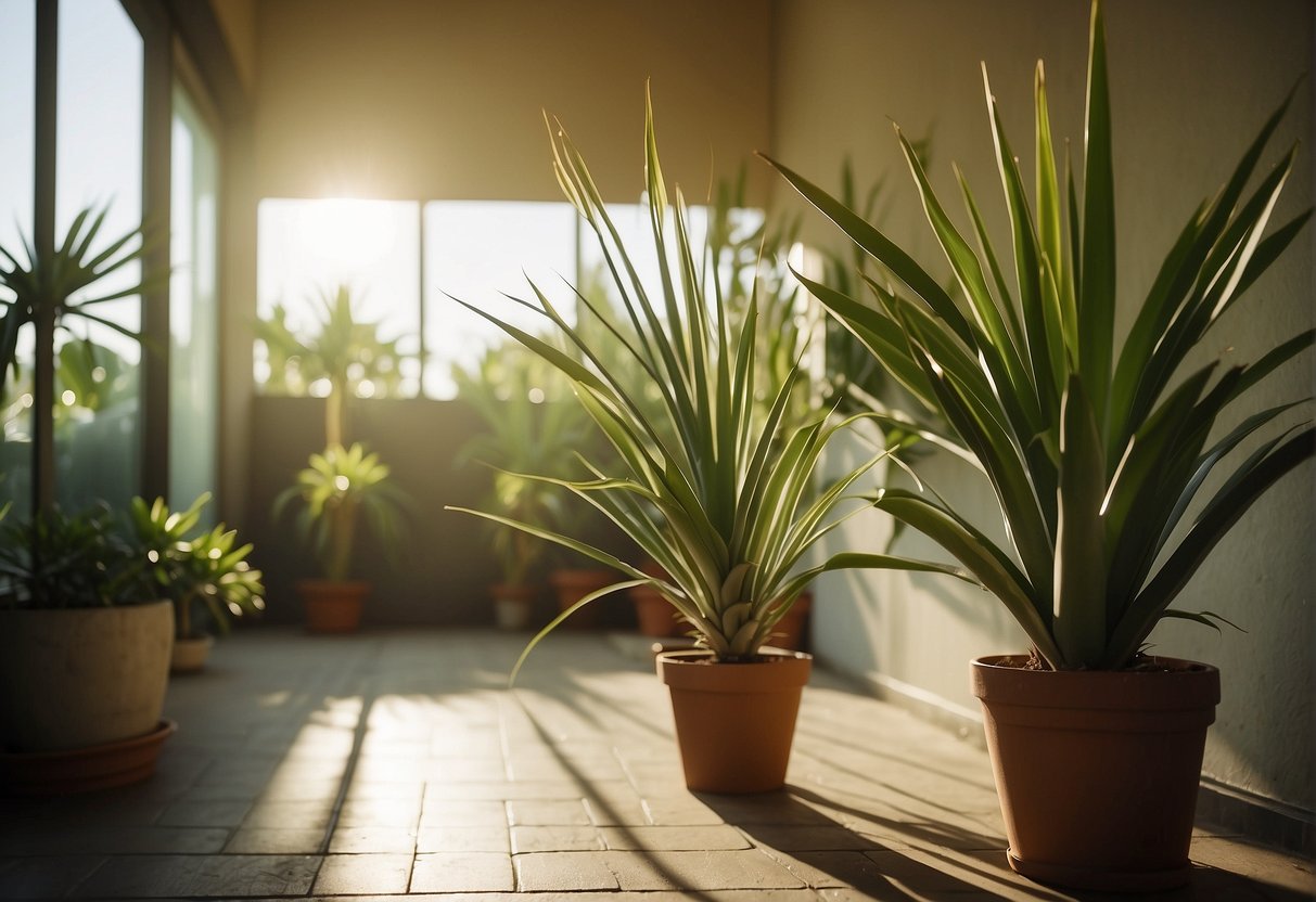 A yucca plant stands tall in a sunlit room, its long, sword-shaped leaves reaching towards the ceiling. A small watering can sits nearby, ready to provide the plant with the care it needs