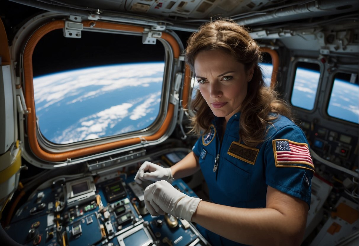 Women work in the International Space Station, conducting experiments and maintaining equipment. The station floats in the vastness of space, with Earth visible in the background