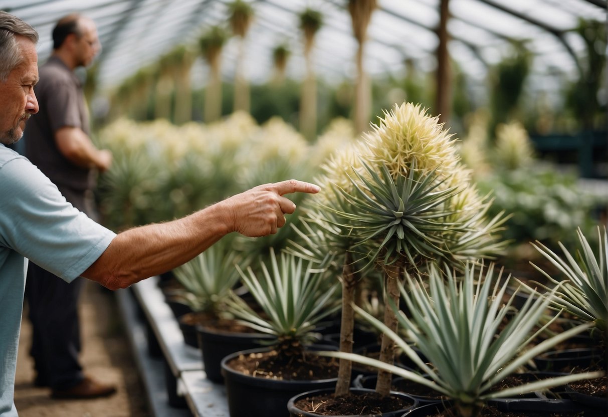 A customer pointing at a variety of yucca plants in a nursery or garden center