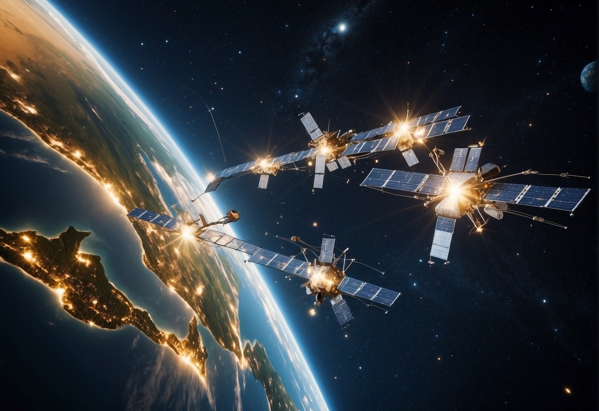 A constellation of Starlink satellites orbiting Earth, beaming internet connectivity to remote areas. Earth below, with diverse landscapes and communities