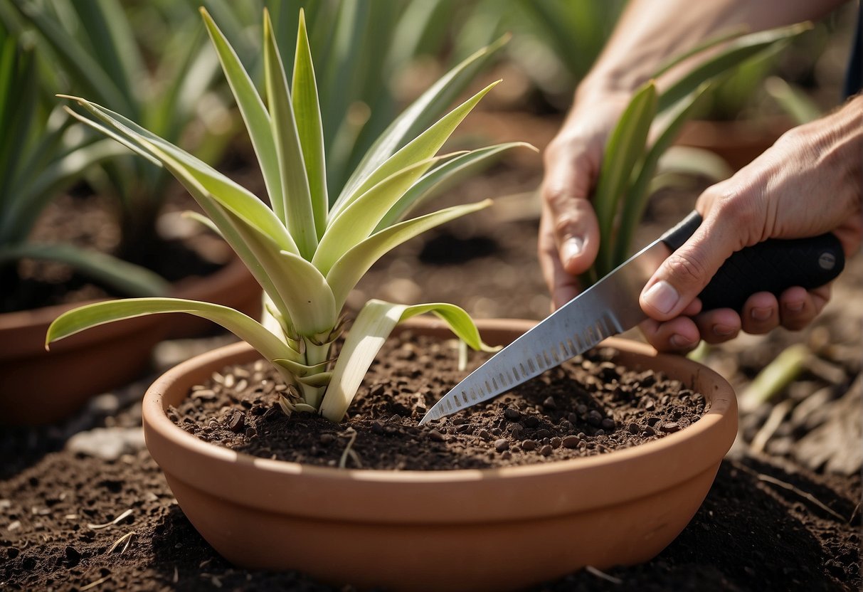 A hand holding a sharp knife cuts a healthy yucca plant's stem. The stem is then divided into sections and placed in well-draining soil to propagate new yucca plants