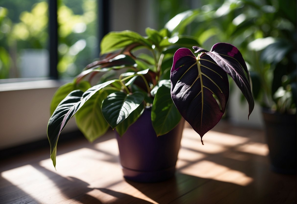 A vibrant Black Cherry Philodendron plant sits in a sunlit room, its deep purple leaves shimmering in the light, surrounded by lush green foliage