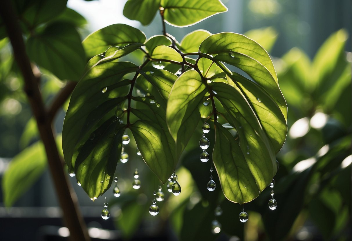 Lush green leaves of Black Cherry Philodendron cascade from a hanging planter, basking in dappled sunlight, surrounded by a few scattered drops of water