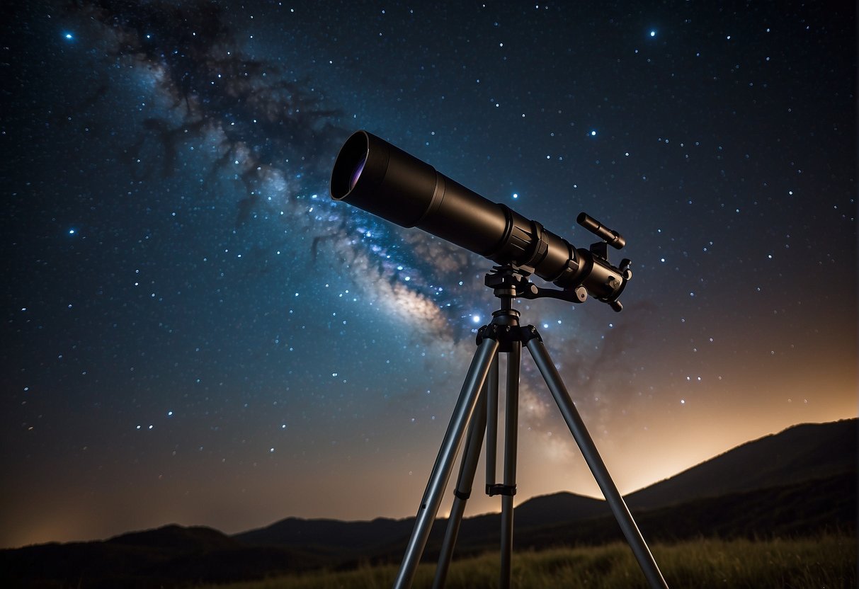 Astrophotography A dark, clear night sky with stars, planets, and galaxies visible. A camera on a tripod capturing the celestial objects with long exposure