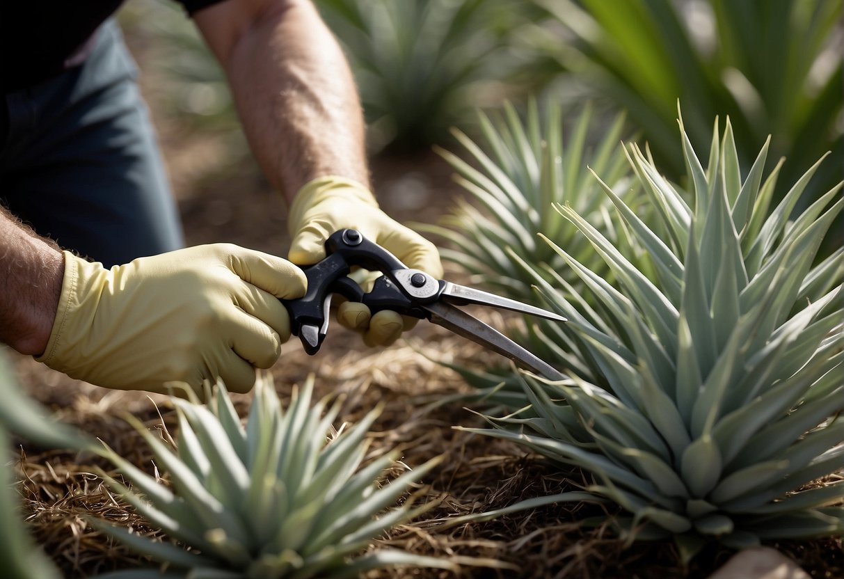 A gardener trims outdoor yucca plants, with pruning shears and gloves, carefully removing dead leaves and shaping the plant for healthy growth