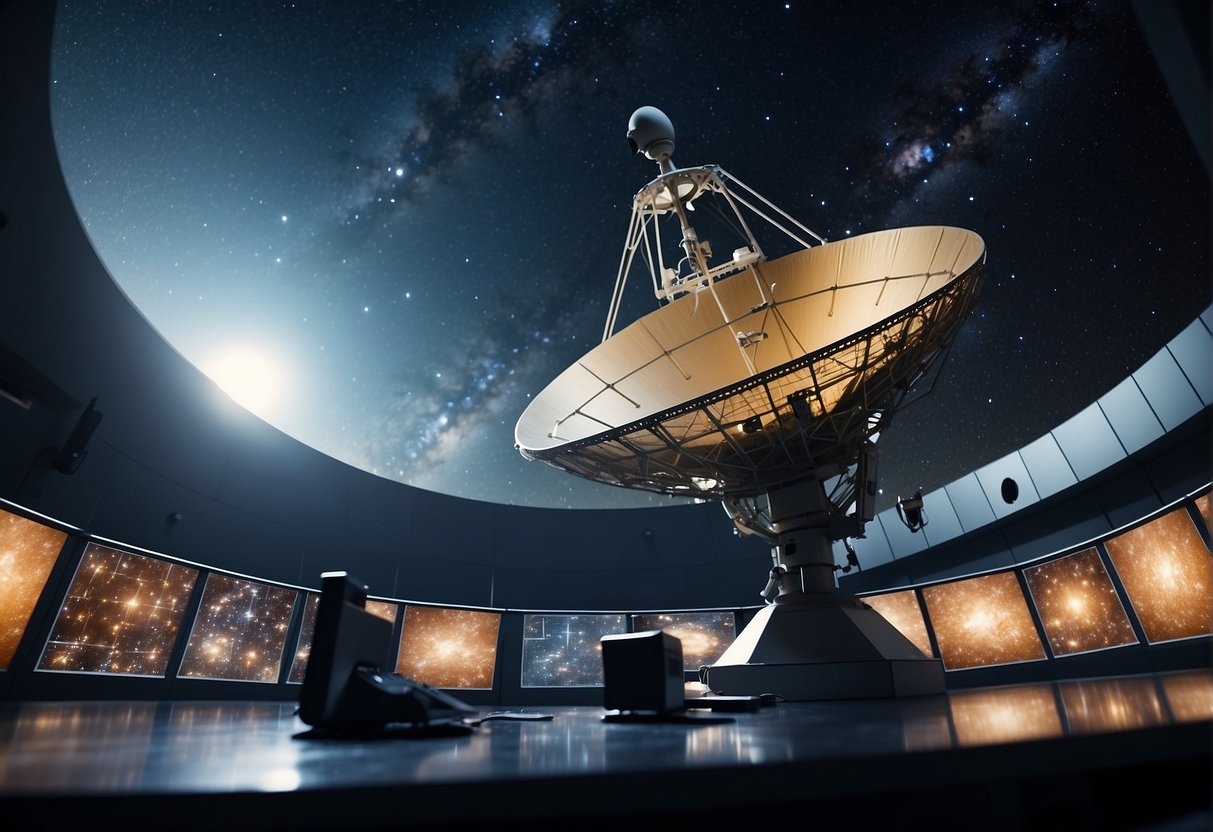 The Challenge of Deep Space Communication: A satellite dish points towards the stars, transmitting signals into the vastness of space. A control room buzzes with activity as engineers monitor the distant mission's communication