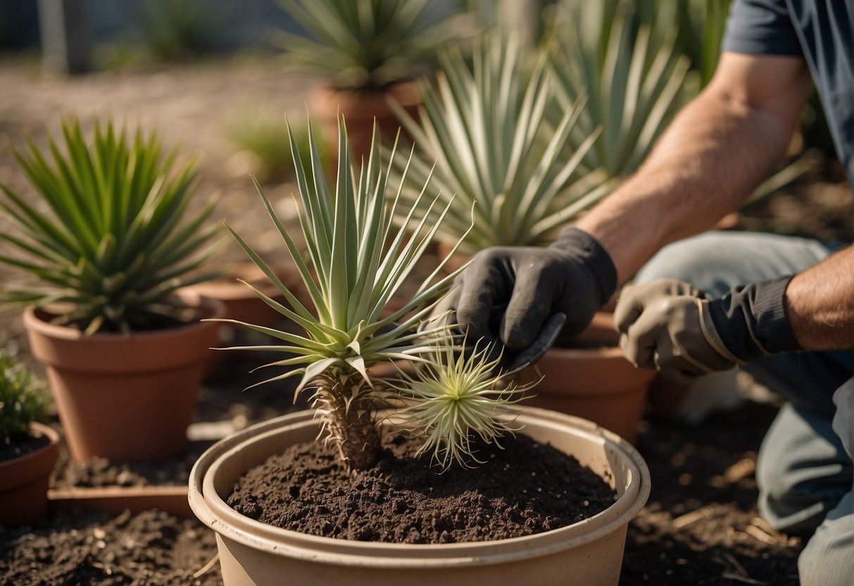 A gardener carefully digs up a mature yucca plant from its pot, preparing to transplant it into a larger container