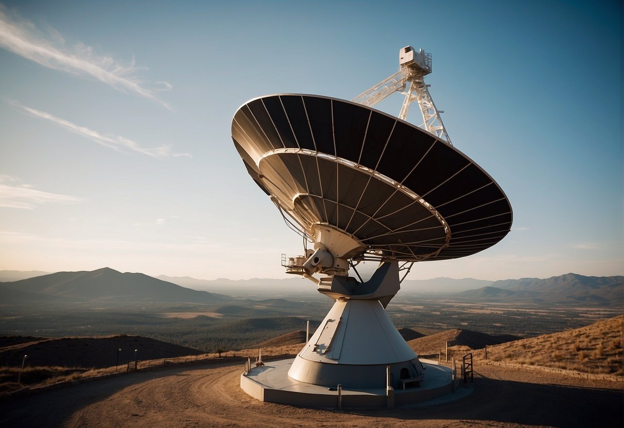 A large satellite dish points towards the sky, surrounded by various communication equipment and infrastructure. The vast expanse of space looms in the background, emphasizing the challenge of maintaining contact with distant missions