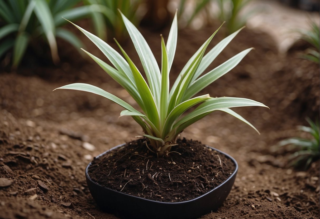 Yucca plant being carefully uprooted, roots exposed, and then gently placed into a new, larger pot filled with fresh soil