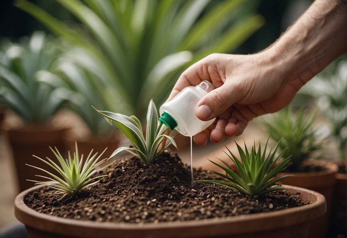 A hand holding a spray bottle applies yucca extract to a potted plant's soil