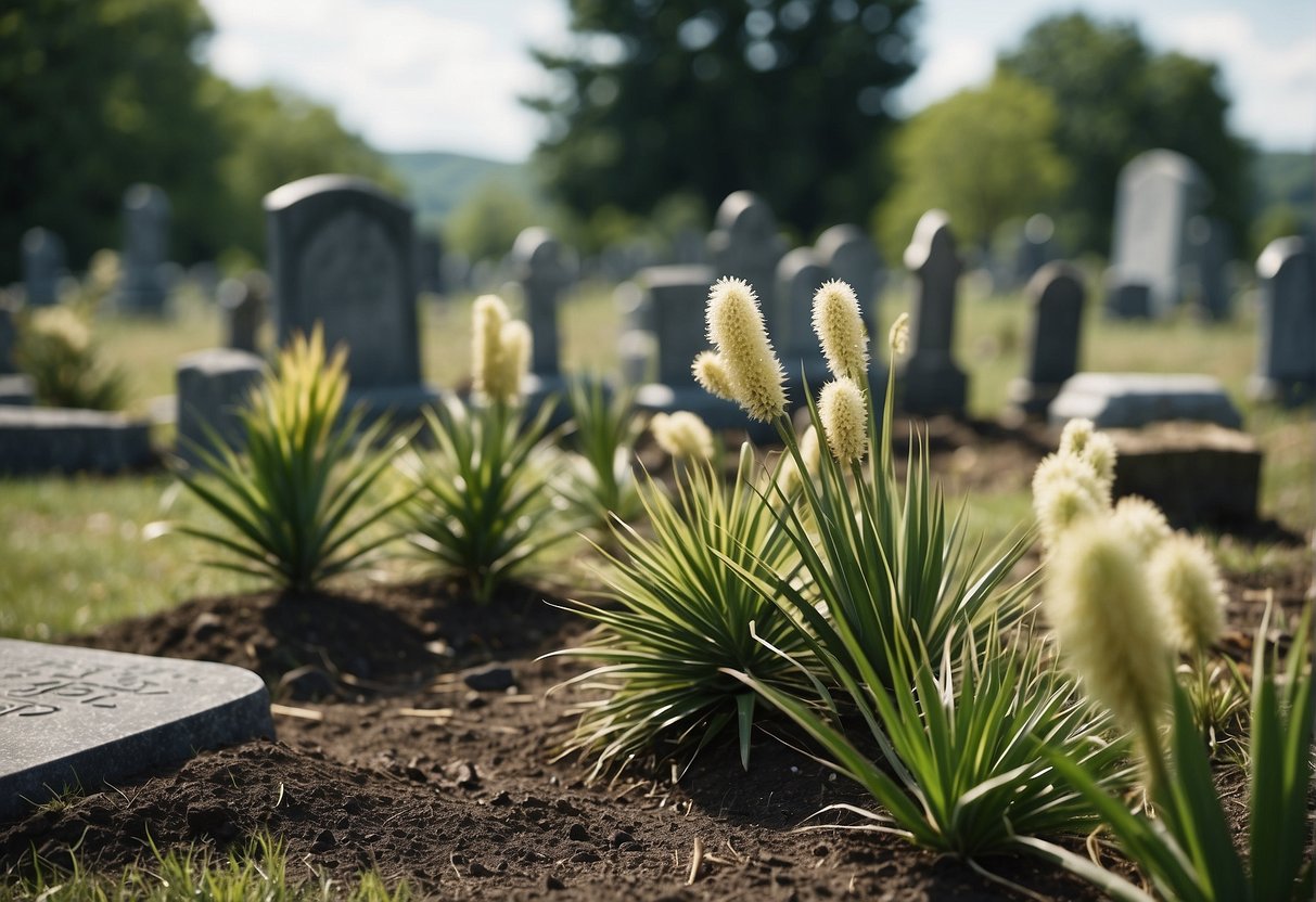 Yucca plants being removed from a cemetery in WV. Shovels and gloves scattered around the area. Gravestones in the background