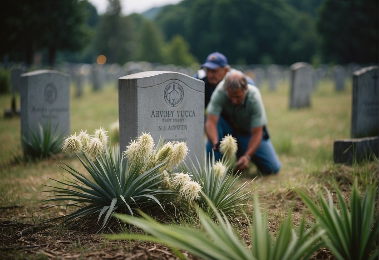 Yucca plants being manually removed from a cemetery in WV
